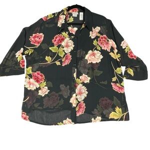 Emma James Floral 3/4 Sleeve Button-Down Romantic Feminine Sheer Blouse - Sz 20W